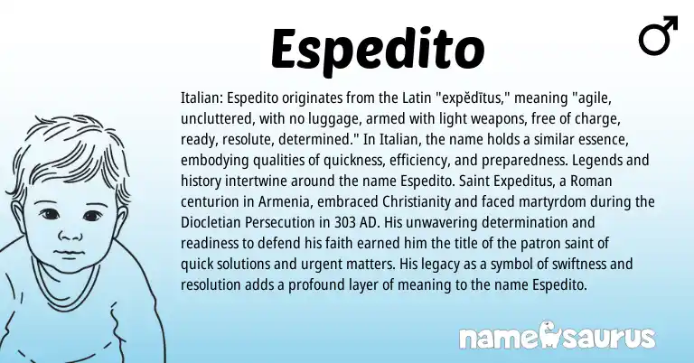 Infographic about Espedito name meaning, Espedito is a name from Christianity, Roman, Latin, Legends, Italian origin(s).