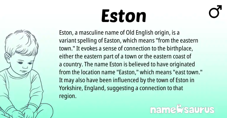 Infographic about Eston name meaning, Eston is a name from Old English, England origin(s).