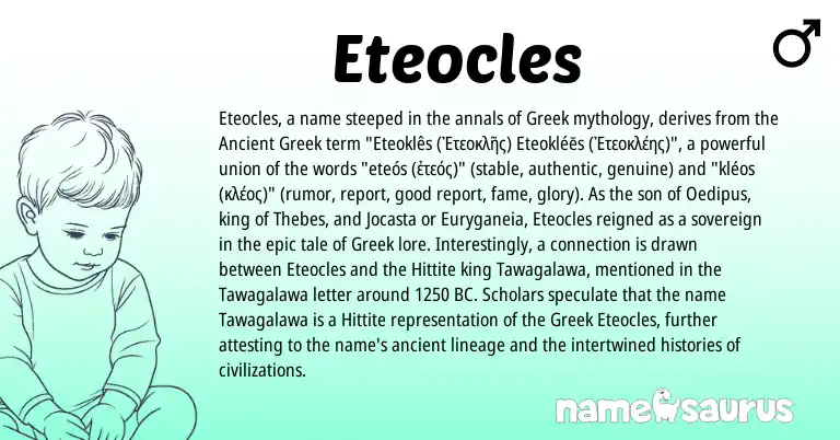 Infographic about Eteocles name meaning, Eteocles is a name from Ancient Greek, Hittite, Greek origin(s).