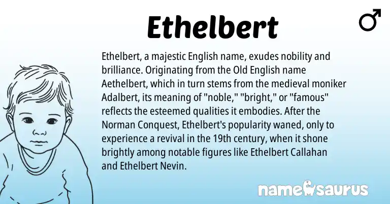 Infographic about Ethelbert name meaning, Ethelbert is a name from Old English, English, Norman origin(s).