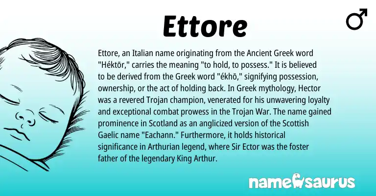 Infographic about Ettore name meaning, Ettore is a name from Arthurian, Gaelic, Greek, Scottish, Italian origin(s).
