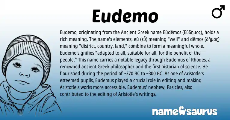Infographic about Eudemo name meaning, Eudemo is a name from Ancient Greek, Greek origin(s).