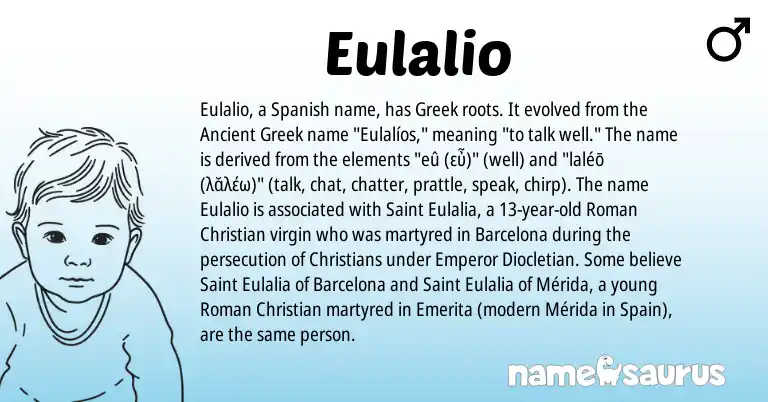 Infographic about Eulalio name meaning, Eulalio is a name from Ancient Greek, Spanish, Spain, Roman, Greek origin(s).