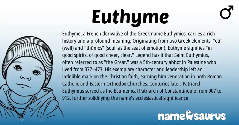 Infographic about Euthyme name meaning, Euthyme is a name from Palestine, French, Roman, Greek origin(s).