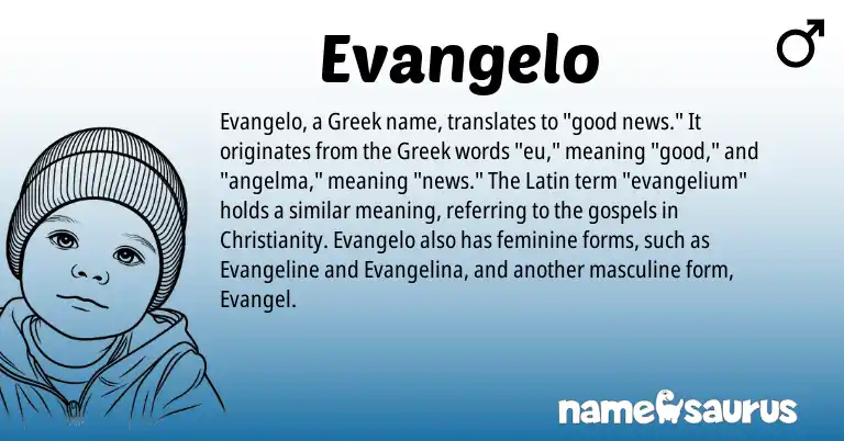 Infographic about Evangelo name meaning, Evangelo is a name from Christianity, Latin, Greek origin(s).