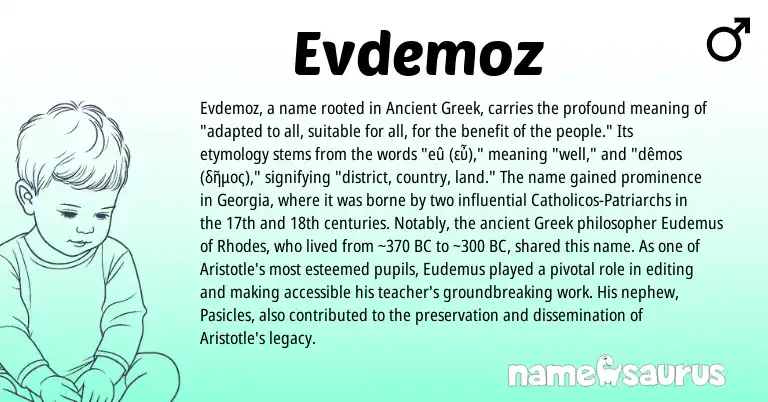 Infographic about Evdemoz name meaning, Evdemoz is a name from Ancient Greek, Greek origin(s).