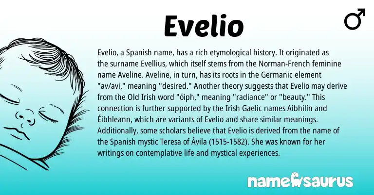 Infographic about Evelio name meaning, Evelio is a name from Irish, Spanish, Gaelic, French, Germanic, Norman, Old Irish origin(s).