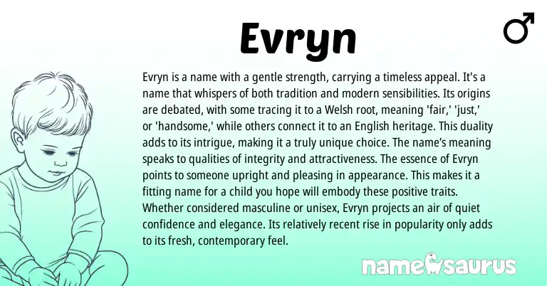 Infographic about Evryn name meaning, Evryn is a name from Welsh, American origin(s).