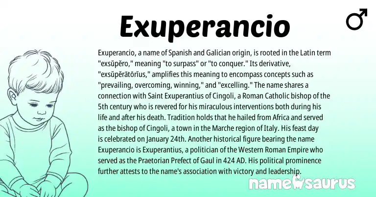 Infographic about Exuperancio name meaning, Exuperancio is a name from Galician, Spanish, Roman, Latin origin(s).