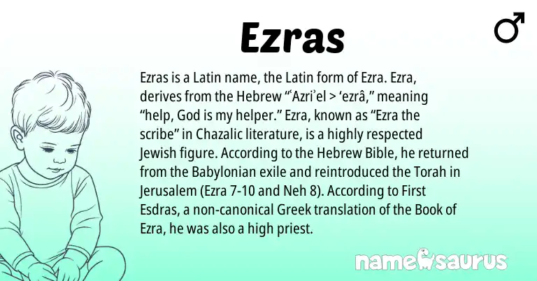 Infographic about Ezras name meaning, Ezras is a name from Babylonian, Torah, Latin, Greek, Jewish, Hebrew origin(s).