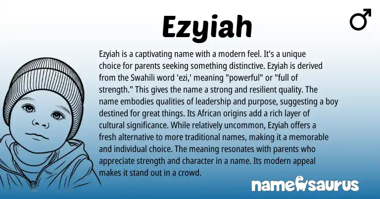 Infographic about Ezyiah name meaning, Ezyiah is a name from African, Swahili origin(s).
