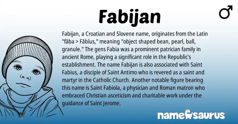 Infographic about Fabijan name meaning, Fabijan is a name from Roman, Croatian, Slovene, Latin origin(s).