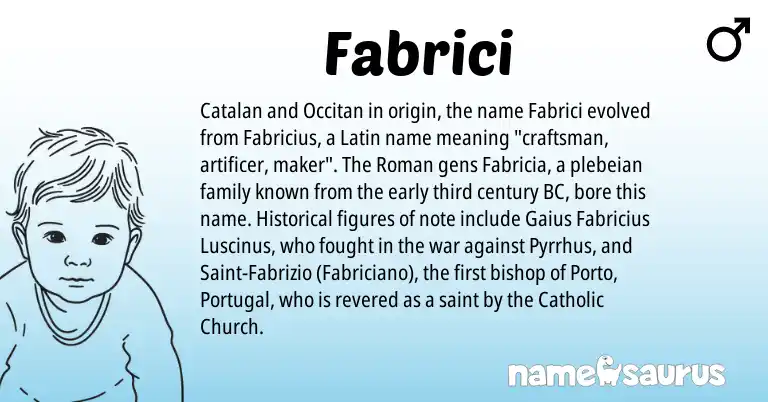 Infographic about Fabrici name meaning, Fabrici is a name from Portugal, Occitan, Catalan, Roman, Latin origin(s).