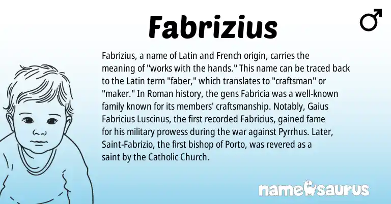 Infographic about Fabrizius name meaning, Fabrizius is a name from Roman, French, Latin origin(s).