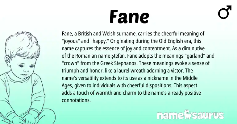 Infographic about Fane name meaning, Fane is a name from British, Romanian, Welsh, Greek, Old English origin(s).