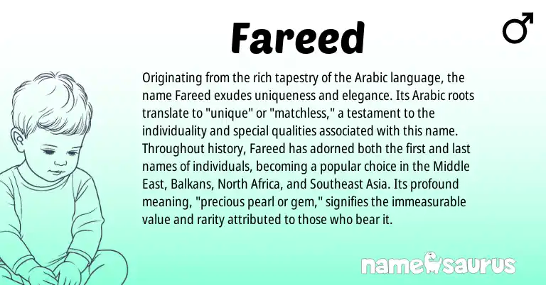 Infographic about Fareed name meaning, Fareed is a name from Middle East, North Africa, Arabic origin(s).