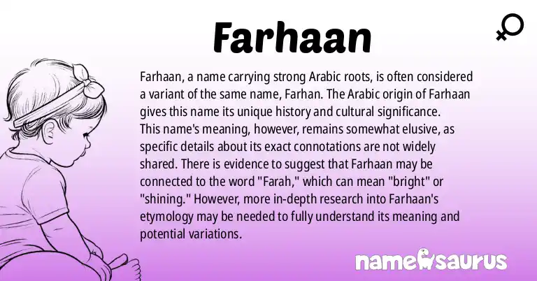 Infographic about Farhaan name meaning, Farhaan is a name from Arabic origin(s).