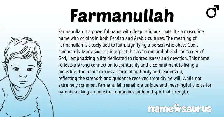 Infographic about Farmanullah name meaning, Farmanullah is a name from Arabic, Persian origin(s).