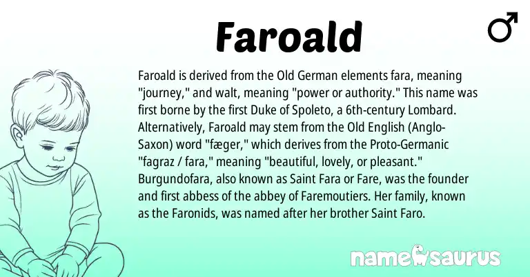 Infographic about Faroald name meaning, Faroald is a name from Anglo-Saxon, Germanic, Old German, Old English, Lombard origin(s).