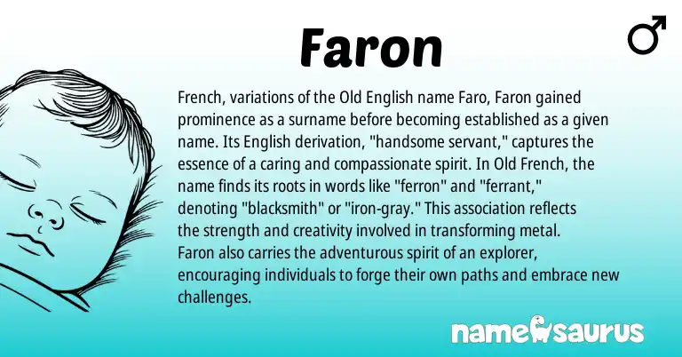 Infographic about Faron name meaning, Faron is a name from Old English, English, French, Old French origin(s).