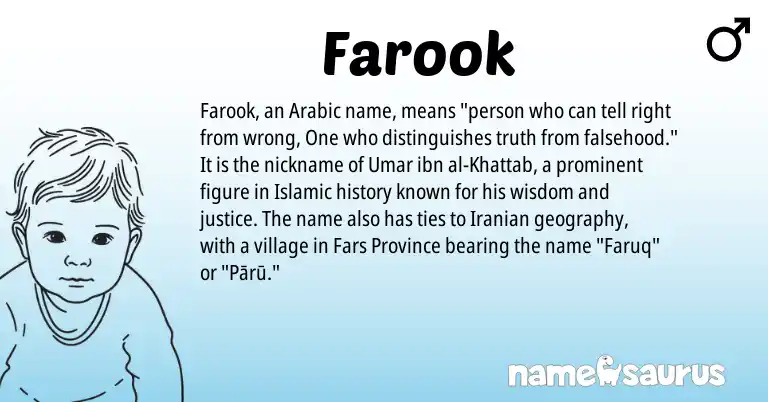 Infographic about Farook name meaning, Farook is a name from Iranian, Arabic origin(s).