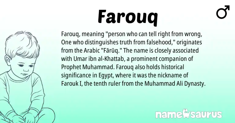 Infographic about Farouq name meaning, Farouq is a name from Arabic origin(s).