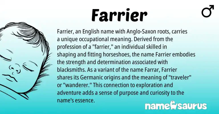 Infographic about Farrier name meaning, Farrier is a name from English, Germanic, Anglo-Saxon origin(s).