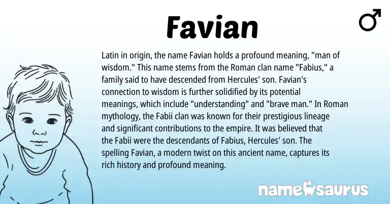 Infographic about Favian name meaning, Favian is a name from Roman, Latin origin(s).