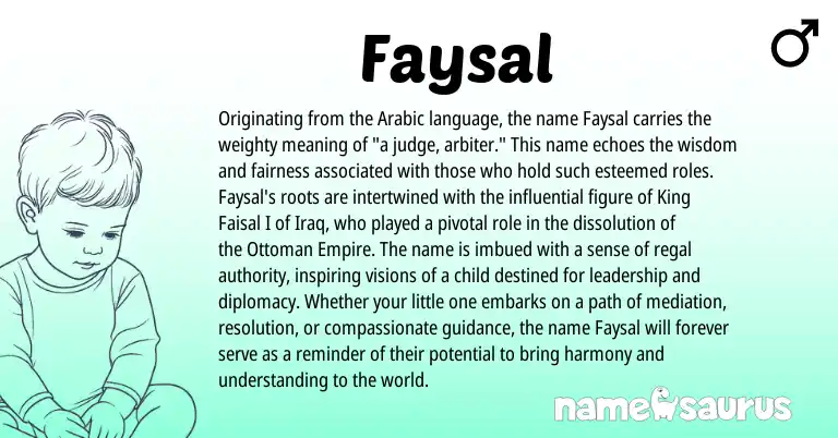 Infographic about Faysal name meaning, Faysal is a name from Iraq, Arabic origin(s).