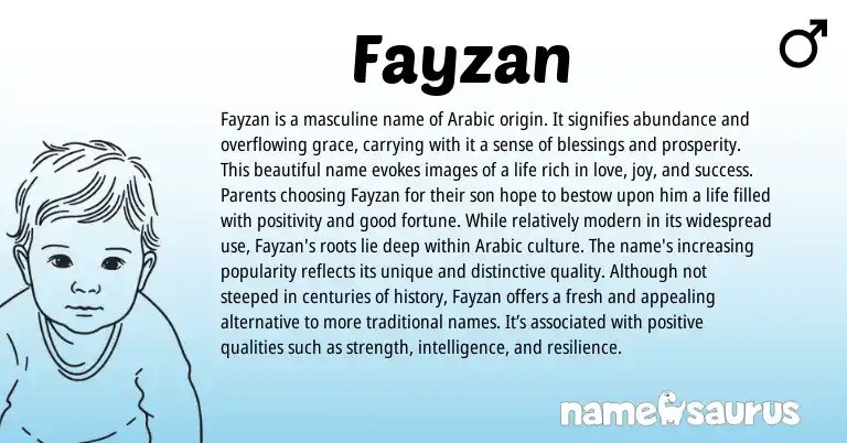 Infographic about Fayzan name meaning, Fayzan is a name from Arabic origin(s).