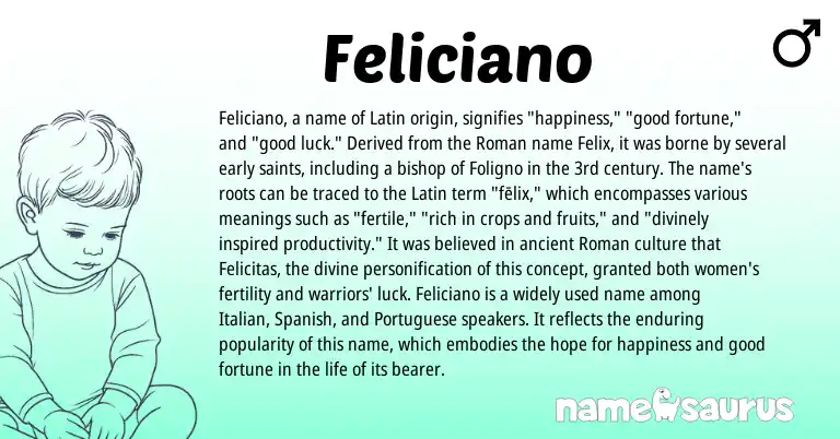 Infographic about Feliciano name meaning, Feliciano is a name from Spanish, Roman, Latin, Italian, Portuguese origin(s).