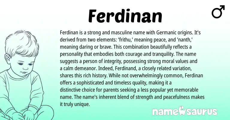 Infographic about Ferdinan name meaning, Ferdinan is a name from Germanic, Spanish origin(s).