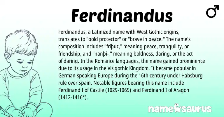 Infographic about Ferdinandus name meaning, Ferdinandus is a name from Spain, German, Gothic origin(s).
