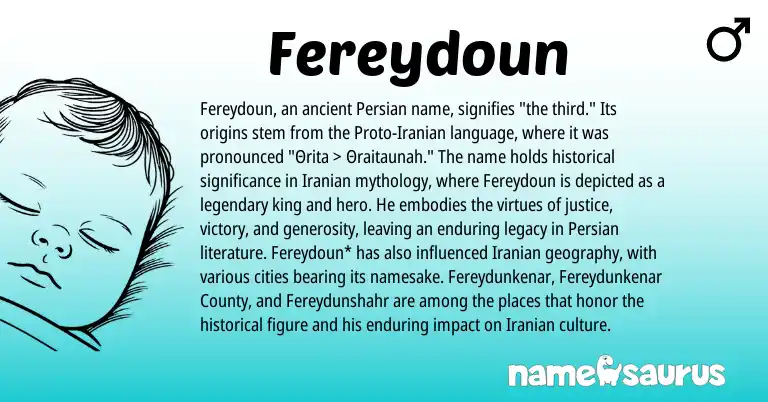 Infographic about Fereydoun name meaning, Fereydoun is a name from Iranian, Persian origin(s).