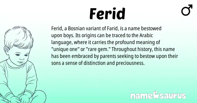 Infographic about Ferid name meaning, Ferid is a name from Bosnian, Arabic origin(s).