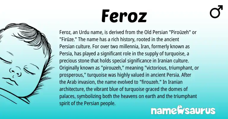 Infographic about Feroz name meaning, Feroz is a name from Iranian, Iran, Old Persian, Urdu, Persian origin(s).