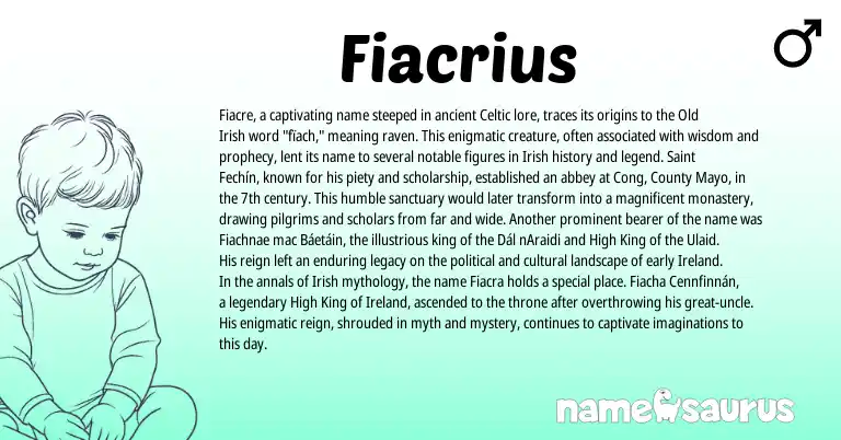 Infographic about Fiacrius name meaning, Fiacrius is a name from Irish, Ireland, Celtic, Old Irish origin(s).