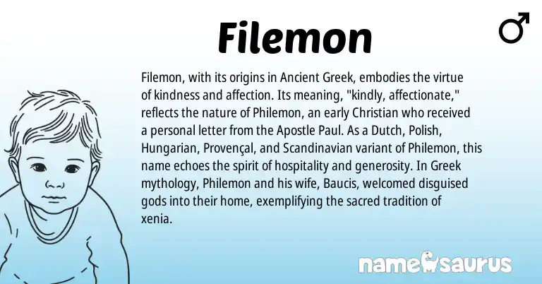 Infographic about Filemon name meaning, Filemon is a name from Polish, Scandinavian, Provençal, Hungarian, Greek, Dutch origin(s).