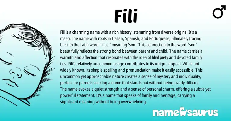 Infographic about Fili name meaning, Fili is a name from Latin, Portuguese, Italian, Spanish origin(s).