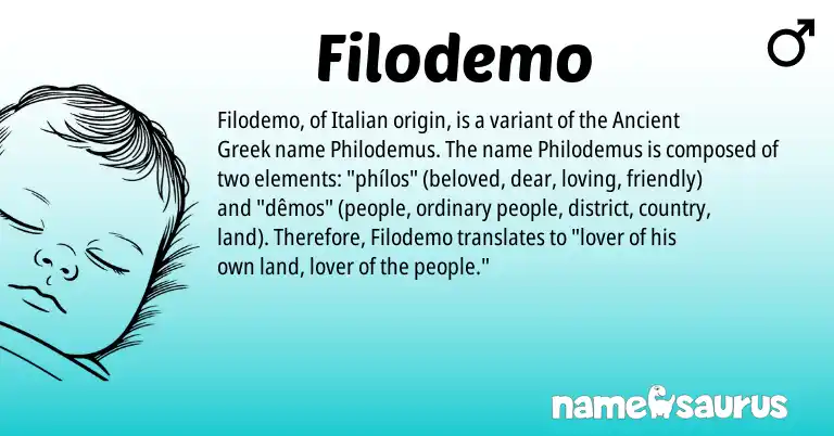 Infographic about Filodemo name meaning, Filodemo is a name from Ancient Greek, Italian origin(s).