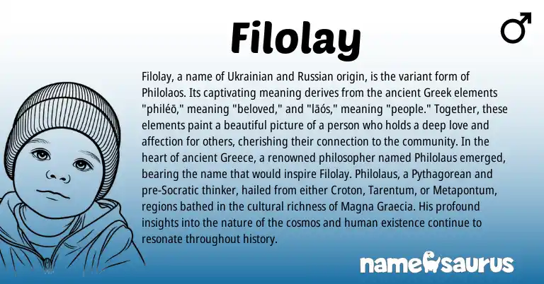 Infographic about Filolay name meaning, Filolay is a name from Ukrainian, Greece, Russian, Greek origin(s).