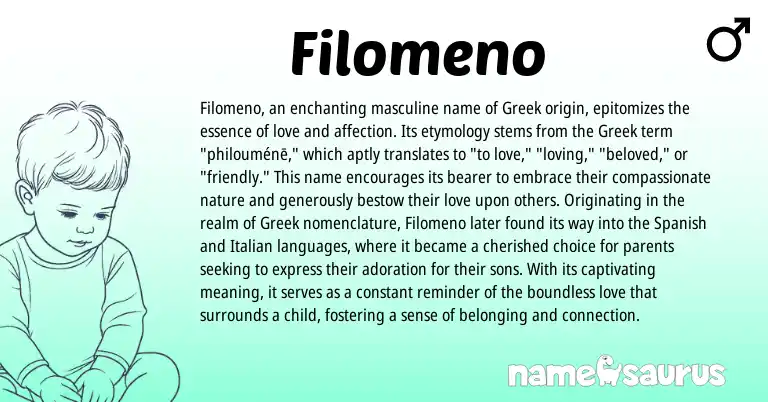 Infographic about Filomeno name meaning, Filomeno is a name from Spanish, Italian, Greek origin(s).