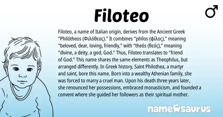 Infographic about Filoteo name meaning, Filoteo is a name from Ancient Greek, Greek, Italian origin(s).