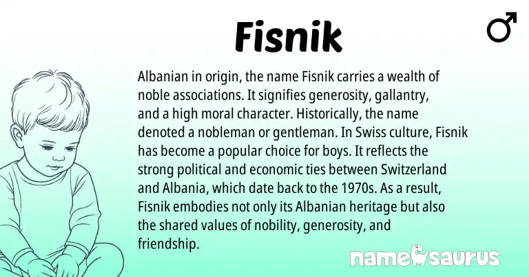Infographic about Fisnik name meaning, Fisnik is a name from Swiss, Albanian origin(s).
