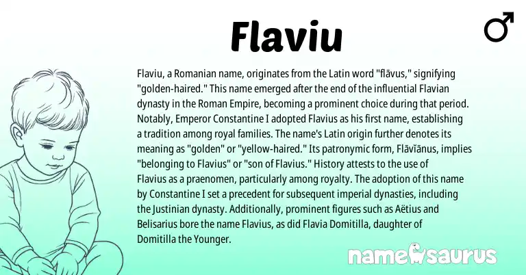 Infographic about Flaviu name meaning, Flaviu is a name from Roman, Romanian, Latin origin(s).