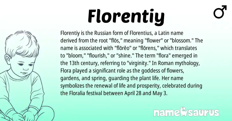 Infographic about Florentiy name meaning, Florentiy is a name from Russian, Roman, Latin origin(s).