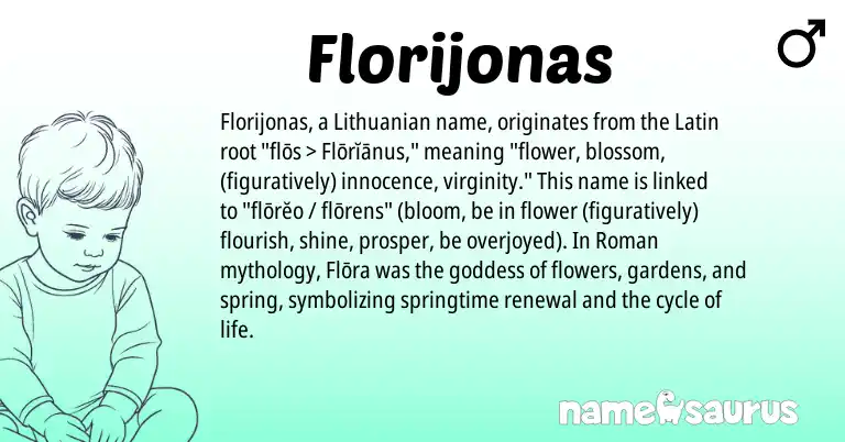 Infographic about Florijonas name meaning, Florijonas is a name from Lithuanian, Roman, Latin origin(s).