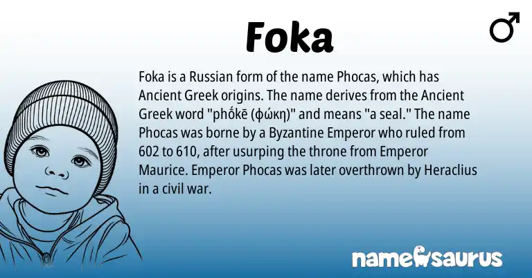 Infographic about Foka name meaning, Foka is a name from Russian, Ancient Greek origin(s).