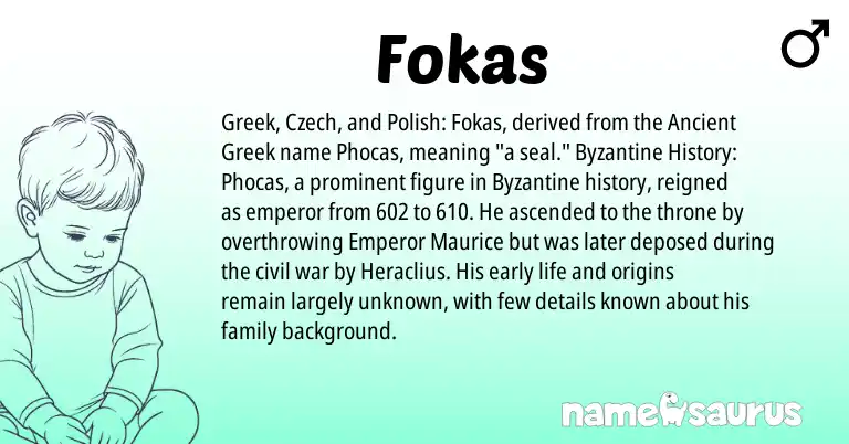 Infographic about Fokas name meaning, Fokas is a name from Polish, Ancient Greek, Czech, Greek origin(s).