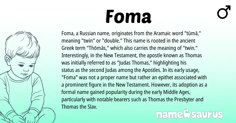 Infographic about Foma name meaning, Foma is a name from Russian, Aramaic, Greek origin(s).